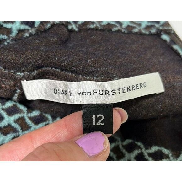 Diane Von Furstenberg Blue Brown Midi Dress Size 12 Geometric Sleeveless Mock - Picture 4 of 10